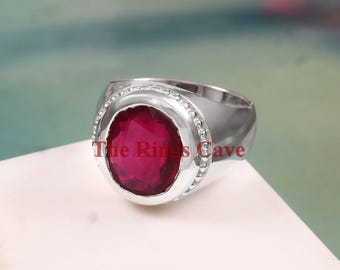 Bague en argent sterling avec rubis naturel - Chevalière faite main pour homme