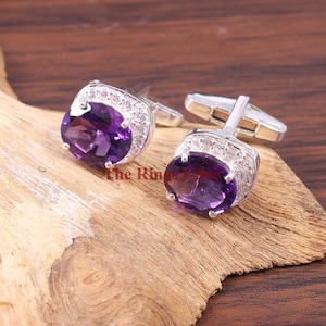 Amethyst Cufflinks, White Gold Plated Sterling Silver Cufflinks, Handmade Cufflinks, Art deco Cufflinks, Gift For Him, Party Wear Cufflinks.