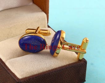 天然ラピスラズリのカフスボタン：金メッキスターリングシルバー、925
