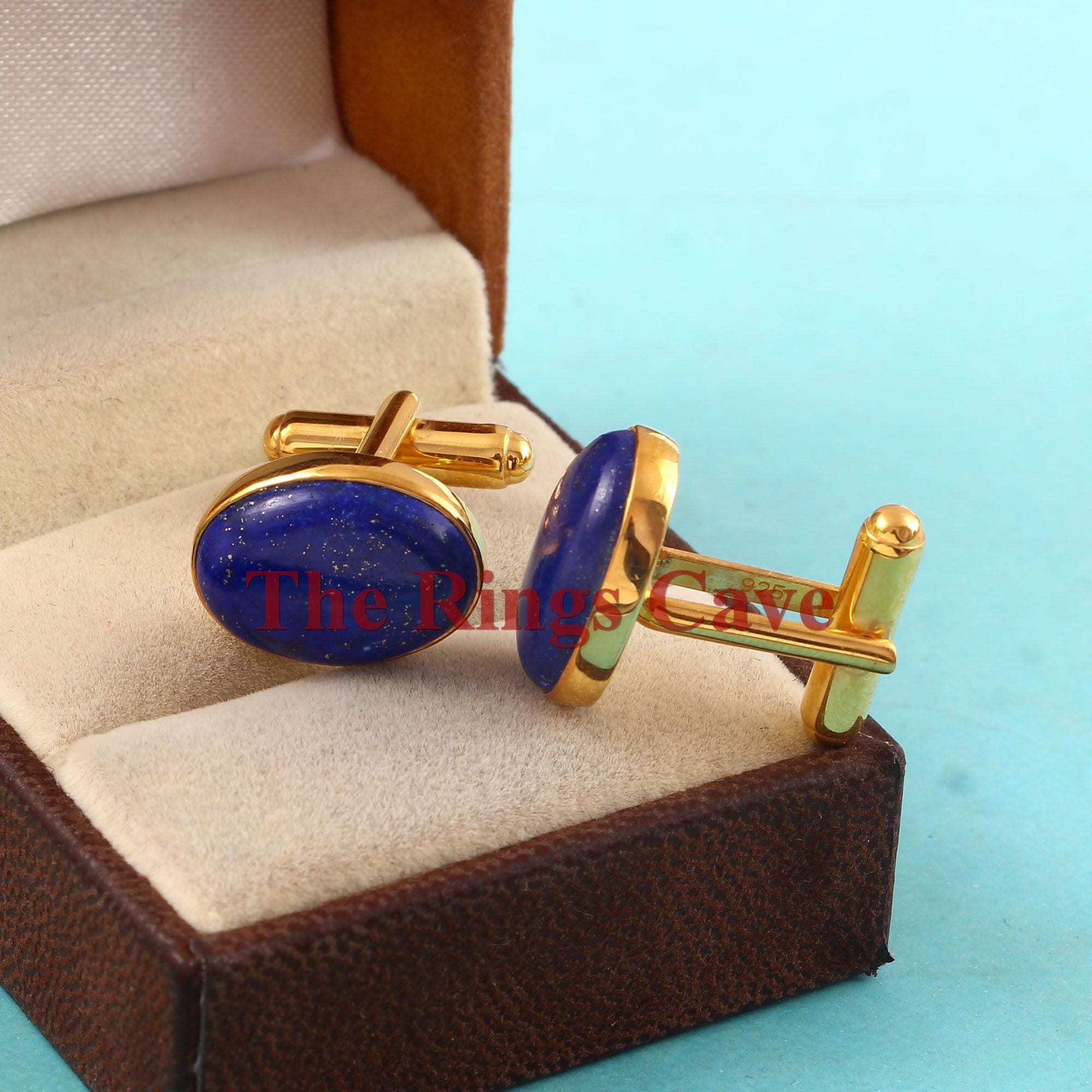 天然ラピスラズリのカフスボタン：金メッキスターリングシルバー、925