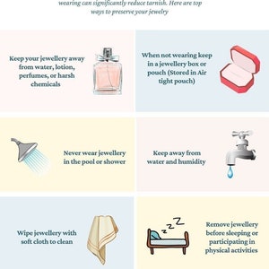 Pu&ograve; includere: Grafico con consigli per la cura dei gioielli. L'immagine fornisce consigli per la conservazione dei gioielli. Include illustrazioni di un flacone di profumo, un portagioie, una doccia, un rubinetto, un panno e un letto, con istruzioni testuali.