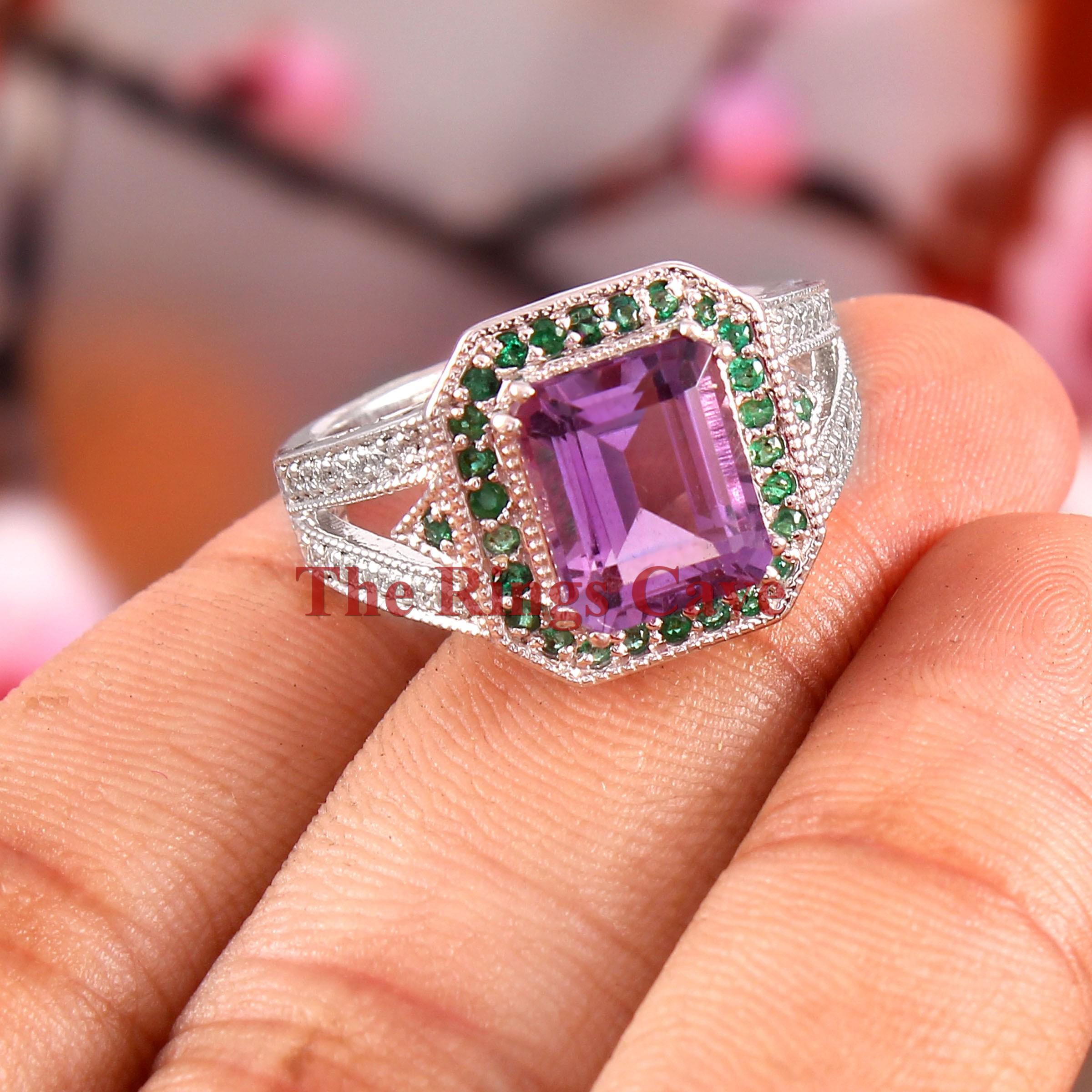 Art Deco Amethyst Ring: Emerald Cut, Green Onyx, 925 Sterling