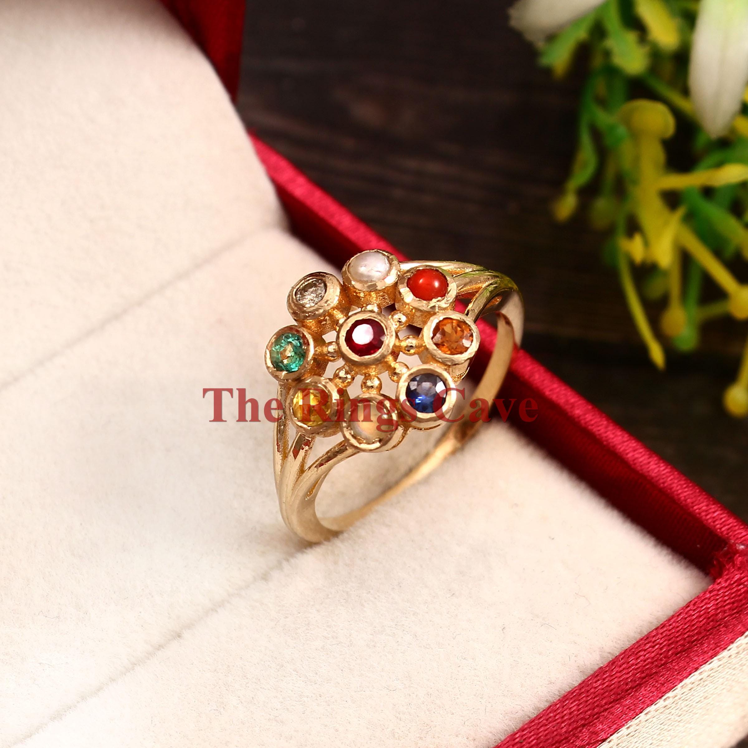 Gold Plated Navratna Ring: 925 Sterling Silver, Multi Stone Rashi Ring ...