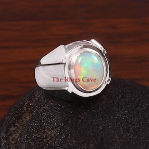 Natural Ethiopian Opal Men&#39;s Ring, Fire Opal Ring, 18K White Gold Plated Ring, 925 Sterling Silver Ring, Handcrafted Mens Ring, Gift For Him