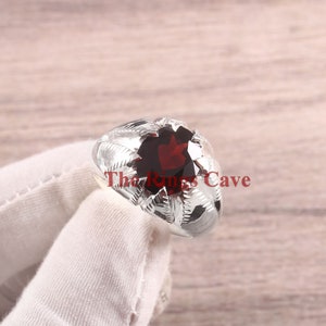 Natural Garnet Signet Ring: 18K White Gold Plated Sterling Silver