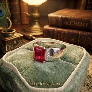 May include: A silver ring featuring a large, rectangular, faceted red gemstone set in the centre, flanked by a vertical row of small, clear, round-cut stones on each side. The ring is displayed on a soft, sage green velvet surface.