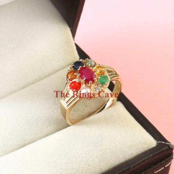 Gold Plated Navratna Ring: Gemstone Sterling Silver Rashi Ratan