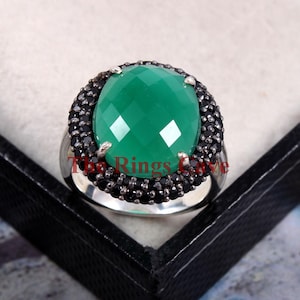 Handmade Natural Green Onyx Ring: Sterling Silver, Black Spinel Accent