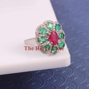 Natural Ruby Gemstone Ring, White Gold Plated Sterling Silver Ring, Engagement Ruby Ring, Emerald And Ruby Cocktail Ring For Women