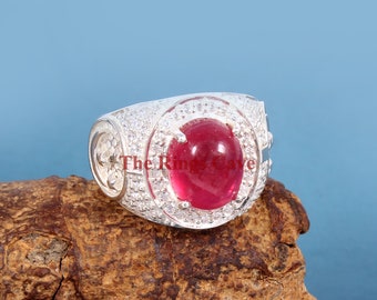 Anillo de rubí natural para hombre: Anillo de plata de ley con cabujón llamativo