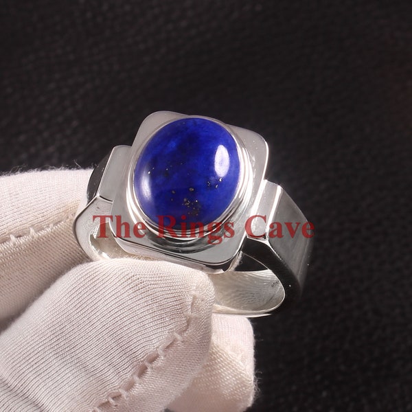 Handcrafted Lapis Lazuli Men Ring, White Gold Plated Silver Ring, Lapis Lazuli Cabochon Ring, Handmade Signet Ring, Ideal Birthday Gift Ring