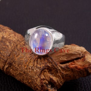 Natural Rainbow Moonstone Signet Ring: 18K White Gold Plated 925 Silver