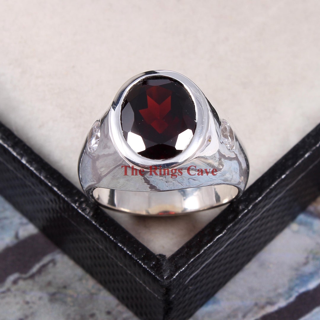 Garnet Signet Ring for Men: 18K White Gold Plated 925 Sterling Silver ...