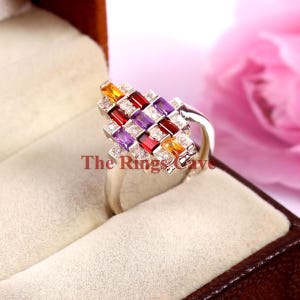 Amethyst, Citrine And Garnet Cluster Ring, 18K White Gold Plated Silver Ring, Silver Ring, Multistone Ring, Engagement Ring, Gift For Her.