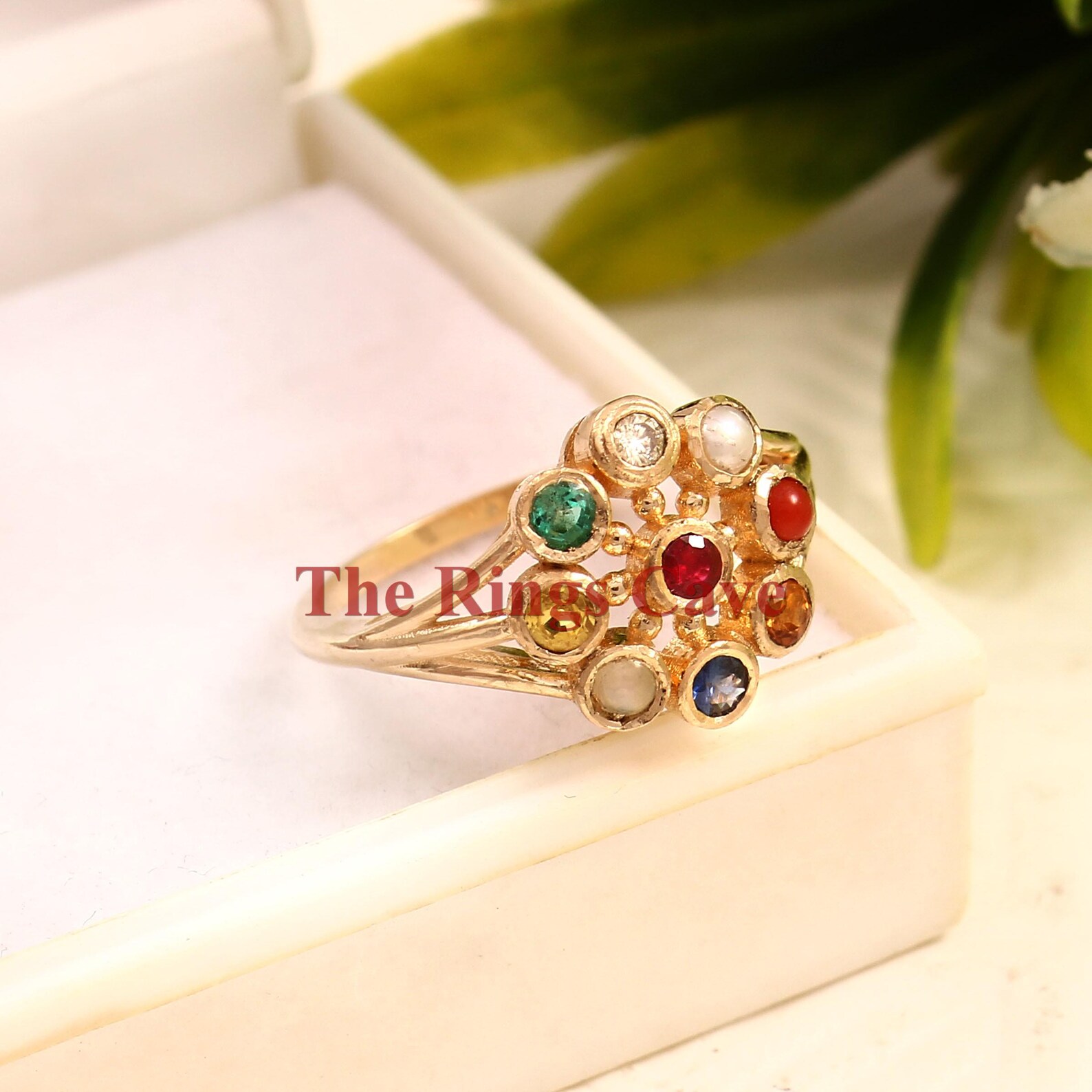 Gold Plated Navratna Ring: 925 Sterling Silver, Multi Stone Rashi Ring ...