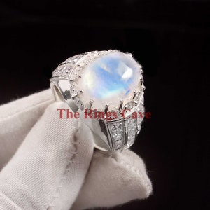 Rainbow Moonstone Sterling Silver Men&#39;s Ring: White Gold Plated