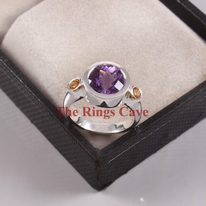 Natural Amethyst Sterling Silver Ring with Citrine Accents