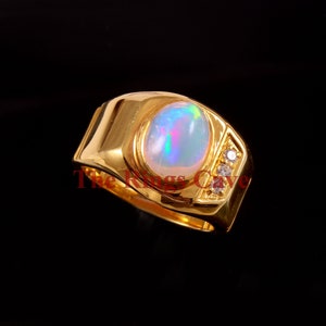 Natuurlijke Ethiopische opaal edelsteenring, 18K vergulde zilveren ring, 925 sterlingzilveren ring, zegelring heren, trouwring, cadeau voor hem