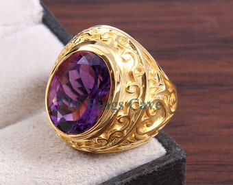 Anello da uomo con ametista AAAA - Anello in argento placcato oro stile vintage