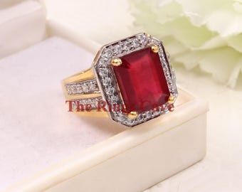 Natural Ruby Ring: Emerald Cut, Gold Plated 925 Sterling Silver