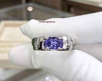 Anello da uomo con sigillo in tanzanite naturale: argento 925 placcato oro bianco 18 carati