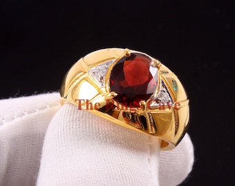 Zegelring natuurlijk granaat: 18 kt verguld sterlingzilver, geboortesteen januari