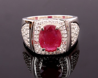 Natural Ruby Sterling Silver Men's Ring, Iced-Out Anniversary Gift