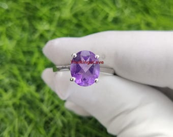 Anillo solitario de amatista natural: plata de ley 925 bañada en oro blanco de 18 quilates