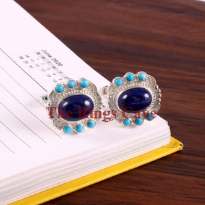 Lapis Lazuli Turquoise Sterling Silver Cufflinks: Handmade Groom Gift