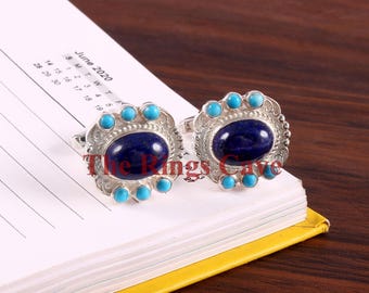 Lapis Lazuli Turquoise Sterling Silver Cufflinks: Handmade Groom Gift