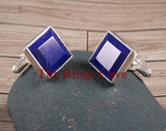 Handmade Square Lapis Lazuli Cufflinks: 925 Sterling Silver Men's Jewelry