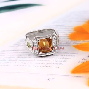 Natural Citrine Gemstone Ring: Emerald Cut Peridot Accent, 925 Sterling Silver