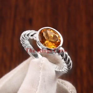 Natural Citrine Ring: Oval Solitaire, Sterling Silver November Birthstone
