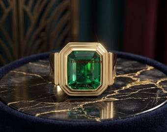 Lab Grown Emerald zegelring voor heren, 18k vergulde zilveren ring
