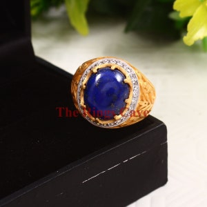 Lapis Lazuli Men Ring, 18K Gold Plated Matte Finish Ring, 925 Sterling Silver men Ring, Lapis Cabochon Ring, Wedding Ring, Gift For Men