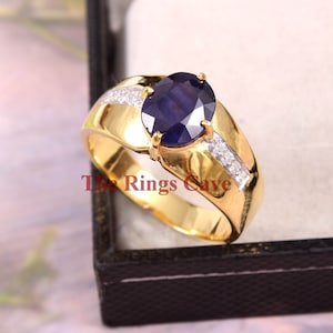 Anillo de sello de zafiro azul: plata de ley bañada en oro, piedra natal de septiembre