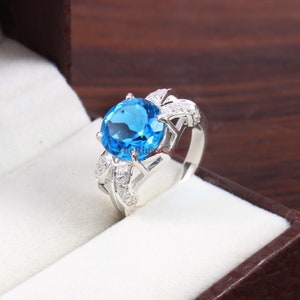 Blue Topaz Ring, Promise Ring, Sterling Silver Ring, White Gold Plated Silver Ring, Propose Ring, Anniversary Ring, Simple Dainty Ring.