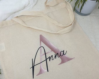 Personalisierte Einkaufstasche mit Name und Initial, individuell gestaltbar, Geschenkbeutel, Farbe wählbar, Schriftzug, stoffbeutel