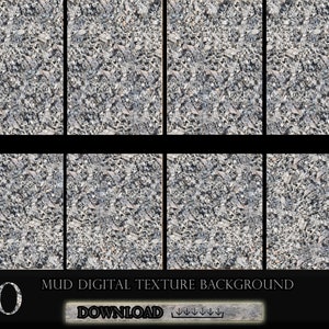 May include: A digital background image featuring ten panels of a mud texture. The texture is a mix of gray, brown, and white, creating a rough, natural appearance. The text "10 MUD DIGITAL TEXTURE BACKGROUND" is displayed, along with a "DOWNLOAD" button.