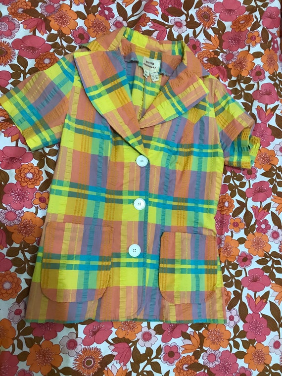 1960s seersucker rainbow vintage blouse
