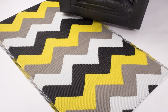 Outdoor Patio Rug 3 X 5 Ft Chevron Yellow Grey Black White Etsy