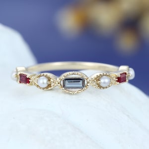 Baguette cut alexandrite engagement ring women solid 14k yellow gold Unique ruby wedding band Pearl stacking Bridal Anniversary gift ring image 1