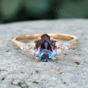 Pear Alexandrite engagement ring rose gold vintage engagement ring Unique Marquise moissanite diamond ring Bridal Promise Anniversary gift