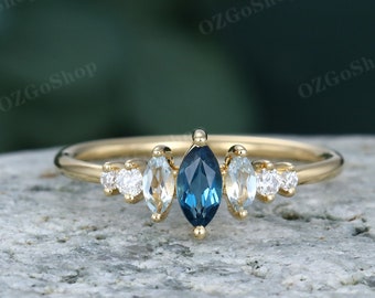 Anillo de compromiso de topacio azul de Londres con corte marquesa, anillo de compromiso Vintage único de aguamarina sólida para mujer, regalo de aniversario nupcial antiguo