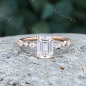 Emerald cut Moissanite engagement ring women Unique Rose gold Vintage engagement ring Marquise cut diamond ring wedding Bridal Promise ring