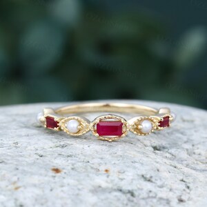 Baguette cut ruby engagement ring women solid 14k yellow gold Unique Pearl wedding band stacking Bridal Anniversary gift ring for her