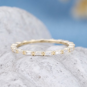 Full eternity wedding band women yellow gold Unique Baguette cut diamond wedding band vintage stacking ring matching Bridal Promise Gift