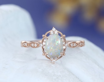 Oval cut Opal engagement ring solid 14k rose gold vintage engagement ring Unique art deco bridal diamond wedding Anniversary gift ring