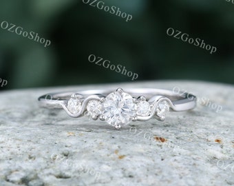 White sapphire engagement ring for women 14k white gold Unique moissanite ring Antique Bridal wedding Promise Anniversary gift ring
