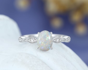 Oval cut Opal engagement ring solid 14k white gold Unique half eternity unique Diamond ring wedding ring Bridal Promise Anniversary ring